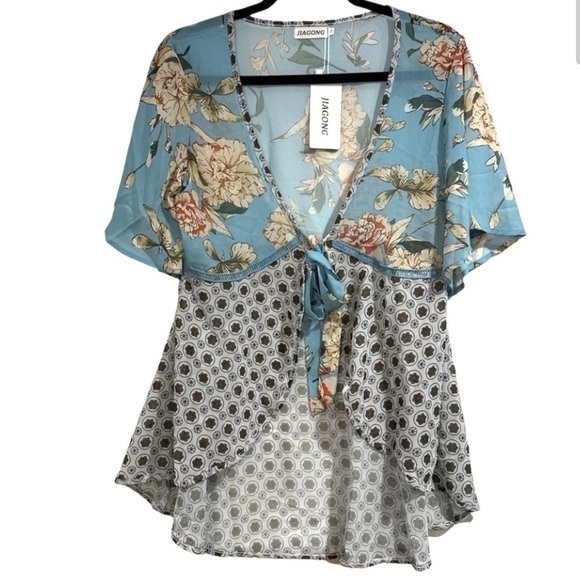 Floral duster short v neck tie front multiple‎ sizes NEW - Picture 1 of 4